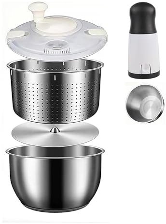 Centrifugadora ensaladas acero inoxidable 6 l con botón parada, secadora verduras, tapa transparente, orificio de drenaje, base antideslizante, secadora de lechuga sin BPA con diseño manivela