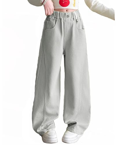 Generisch Jean pour enfant fille - Jambes larges - Pantalon boyfriend - Pantalon cargo côtelé - Pantalon cargo - Pantalon streetwear - Pantalon de loisirs, gris, 9-10 ans