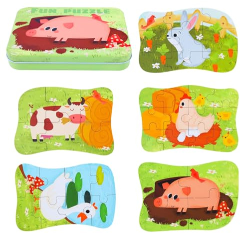Puzzle Kinder, 5 Bilds Puzzles Montessori, Puzzle Kinder mit Box, Holzpuzzle Montessori ab 3 4 5 Jahren, Puzzle Tiere für Jungen und Mädchen Frühes Lernen Bildungsspiele (Bauernhof Tiere)