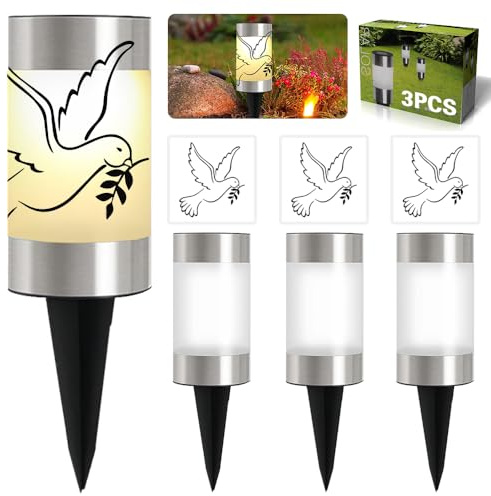 MEISHANG 3er-Set Grablicht LED Solar, Solar Grableuchten für Außen,mit Erdspieß & Taube Aufklebern,IP44 Wetterfest LED Grabkerze,für Friedhof, Urnengrab