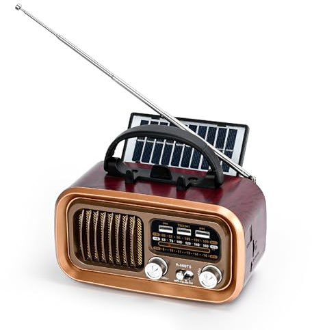 Portable Radio Retro,Portable Radio with Bluetooth, AM/FM/SW Bands,Rechargeable Battery&Solar Panel-Supports USB/TF Card,TWS Pairing,Handheld Design for Kitchen,Bathroom,Travel (Golden)