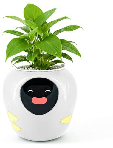 Masdio Plantbot Mejorado Maceta Inteligente Grande con Inteligencia Artificial, Pantalla de Tiempo y Temperatura, y Numerosas Animaciones Expresivas, para Decoración Interior, Regalos (Blanco)