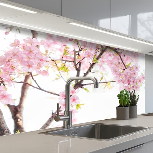 KitchenYeah© Credence Cuisine Sur Mesure Plaque Adhesive Murale Panneau | 60x100 cm - Decoratif Interieur Peel And Stick Mural Protection Mur Fleur De Cerisier - Rose - Fleurs - Sakura - Nature