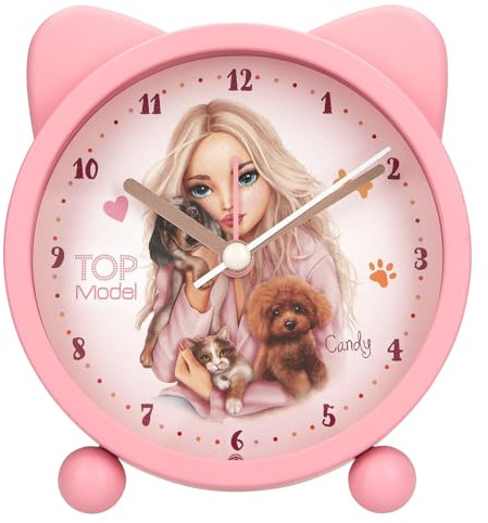 Depesche 13868 TOPModel Fur Ever Friends - Réveil en Rose pour Enfants, avec Motif modèle, Chien et Chat, Horloge silencieuse avec Fonction lumière, Pile Incluse