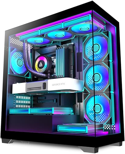 ANSAITE PC CASE C9 7 ventilateurs PWM ARGB pré-installés, boîtier PC de jeu en verre trempé panoramique de type C, support de radiateur de 360 mm, noir, C9