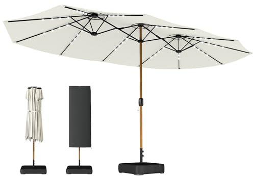 Outsunny Sombrilla Doble con 48 Luces LED, 4,6x2,6 m, Sombrilla Terraza Exterior con Base Incluida, Manivela, Sacos Arena, Funda, Anti-UV, Resistente al Agua, Parasol para Jardín, Terraza, Crema