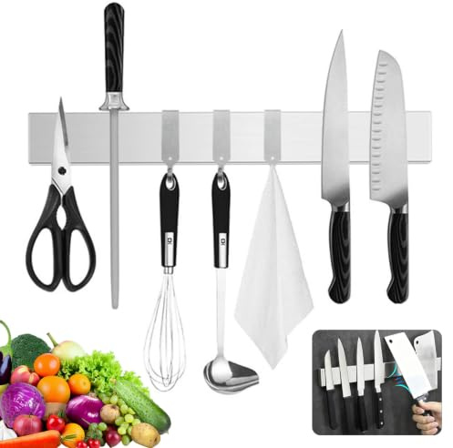 Guiwuiyu 50cm Magnetleiste Messer Selbstklebend mit 3 Haken | Messerhalter Magnetisch, Messermagnete Wand Ohne Bohren zum Kleben oder Schrauben für Messer, Utensilien, Werkzeuge