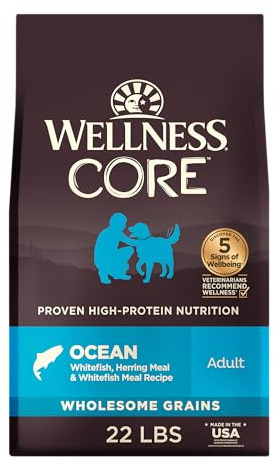 Wellness CORE Adult Dry Dog Food, Wholesome Grain Kibble, Natural, High Protein, Chicken Free, Whitefish and Herring Recipe, 22 lb Bag