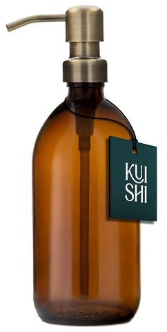 Botella con Bomba de Vidrio ámbar Kuishi con Bomba de Acero Inoxidable [500 ml, Bomba Dorada], ámbar Botellas de Vidrio marrón Recargables Ideal para Lavado a Mano, champú, acondicionador (sin BPA)