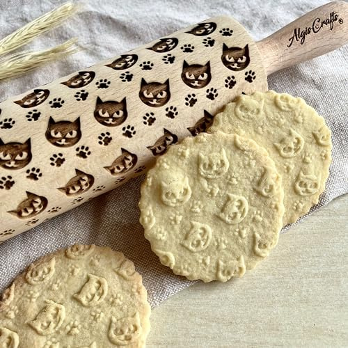 Mattarello Decorativo per Biscotti GATTINO | Mattarello Inciso | Rullo per Biscotti e per Modellare | Mattarello Legno Goffrato di Algis Crafts