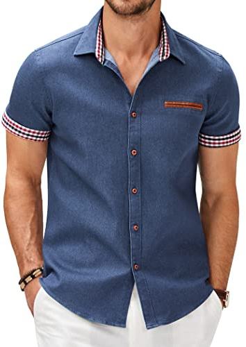 COOFANDY Denim Shirt Cotton Short Sleeve Men Casual Summer Slim Fit Denim Button Up Shirts, Sky Blue, Large
