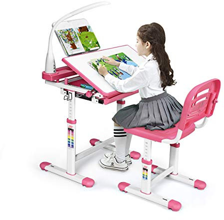 GOPLUS Kinderschreibtisch Set mit Bücherständer & LED-Licht, höhenverstellbarer Schülerschreibtisch mit neigbarer Tischplatte & Schublade, Jugendschreibtisch Kindertisch und Stuhl Set (Rosa)