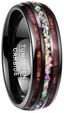 Vakki Unisex Wolfram Ring Schwarz mit Opal und Hawaiian Holz Herren Damen Verlobungsring Eheringe Größe 74.8(23.8)