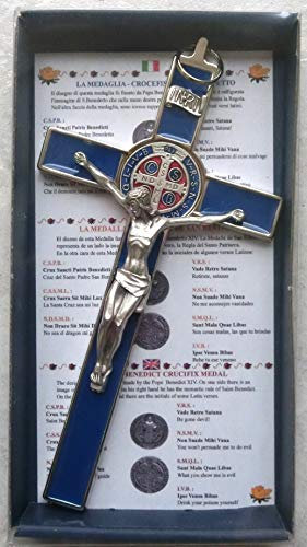 GTBITALY 10.004.11 Blu Croce di San Benedetto crocefisso Argento 20 cm medaglia smaltato a Mano con Scatola Regalo e Preghiera prete esorcismo esorcista nativita' Battesimo