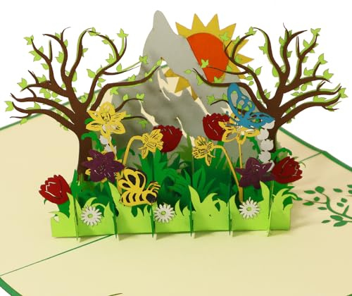 LINPOPUP® Pop-Up Karte Blumen Frühling – 3D Baum Sonnen Berg Blumenwiese Motiv – Handgemachte Grußkarte zum Aufklappen – Frühlingsaufwachen Karte für Geburtstag, Ostern, Gutschein für Wanderer, N388