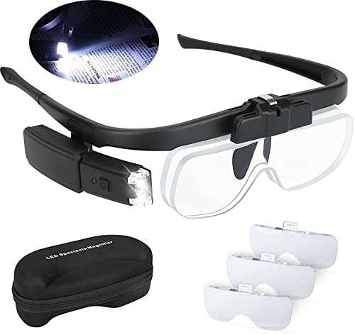 LED Illuminating Magnifying Glasses with 2 Lights, Magnifying Glass Headband for Reading, Precision Work, Watchmakers, Visually Impaired, Handheld, USB, Rechargeable and Interchangeable Magnifying