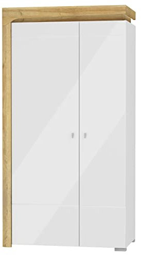 Furniture24 Kleiderschrank Theo THS-2 Schrank 2 türiger Drehtürenschrank mit 2 Kleiderstangen mit 4 Einlegeboden Riviera Eiche Weiß Hochglanz (ohne Beleuchtung)