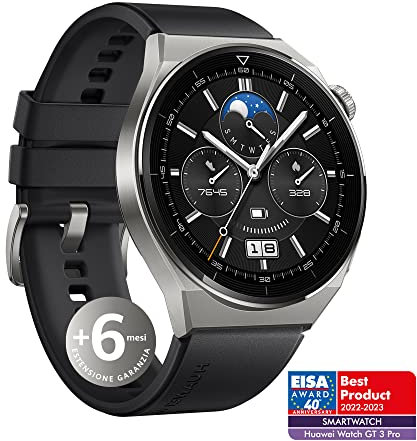 HUAWEI WATCH GT 3 Pro 46mm Smartwatch Orologio Uomo, Quadrante in vetro zaffiro, Monitoraggio della salute 24h, Durata batteria fino a 14 giorni, 5ATM, GPS, Fluoroelastomero+6 mesi estensione garanzia