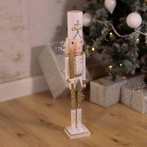 Marco Paul 70cm White and Gold Nutcracker Soldier Statue - Hand-painted Christmas Decor, Large Wooden Toy for Indoor Xmas Decorations