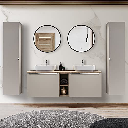 Lomadox Badmöbel Set in aupe mit Vintage Eiche, 140cm Doppel-Waschtisch mit Unterschrank, 2 Keramik Waschbecken, Regal, 2 LED-Spiegel, 2 Hochschränke
