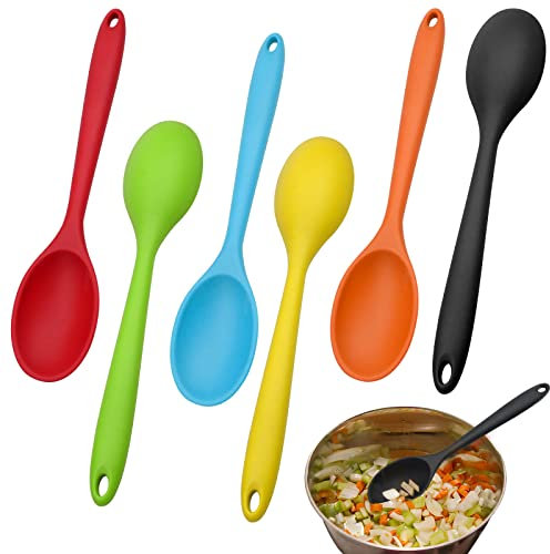 6 PCS Silicone Spoons, Large Heat Resistant Cooking Spoons Nonstick Kitchen Spoon for Cooking Utensils Stirring Scooping Mixing, Food Grade Serving Soup Spoon (Black, Red, Green, Blue, Yellow, Orange)