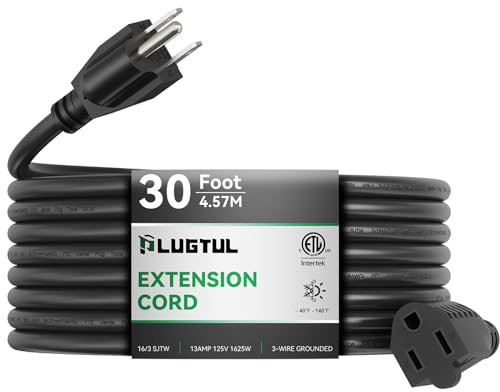 Extension Cord 30 FT, 16/3 Outdoor Extension Cord Waterproof, Heavy Duty 3 Prong Extension Cord Black, 13A 1625W SJTW, ETL Listed, Great for Garden and Home