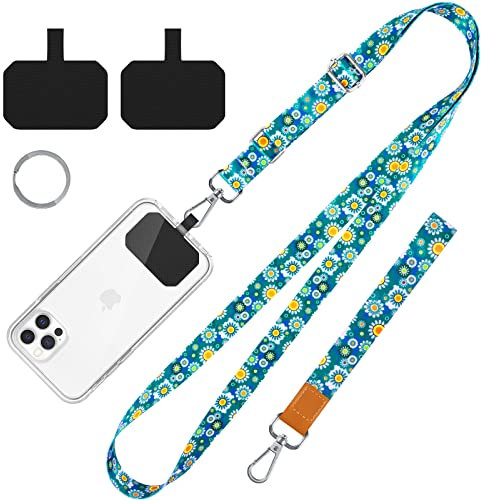 Flower Cell Phone Lanyard, Crossbody Neck Lanyard, Hand Wrist Strap for Cell Mobile Phone,Key Chain, Card Holder,ID Badge, Shoulder Neck Strap for All Smartphones.Free 2×Pads, Metal Keyring