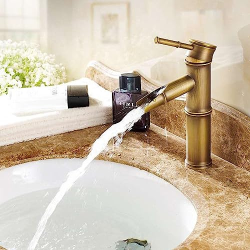 Robinet de lavabo, robinet mélangeur d'eau chaude et froide en laiton antique en forme de bambou, robinet mélangeur d'évier à poignée unique pour la maison - L
