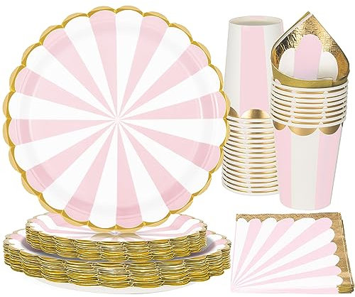 PARTY GO 96PCS Pink Party Supplies, Disposable Tableware Set, Includes 9 Plate Paper Plates, 7 Plate Paper Plates, Cups, Napkins, for Picnic, Happy Birthday Party
