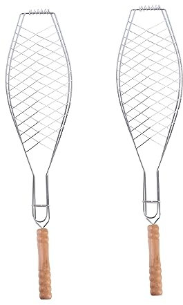 CIMAXIC 2stücke Fisch-grillhalter Mit Holzgriff Eisen-grillnetz Fisch-grillkorb Antihaft-grillwerkzeug Für Camping BBQ-Outdoor-grillgerät