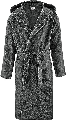 herzbach home Bademantel Herren Kapuze Baumwolle Frottier lang (Anthrazit, L) – hochwertig, flauschig & saugstark