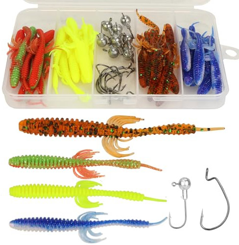 Kornerain 32 Stück Gummifische Für Hecht,Zander Köder 6.3cm/7.5cm,Lieblingsköder Mit Jigkopf,Libra Lures Set Softbait Für Gummiköder Dropshot Angelköder Barsch Forellenköder für Süß (75mm1.3g)
