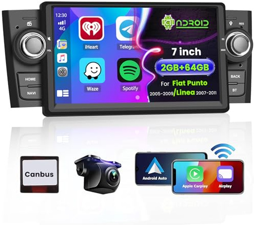 Hikity 2+64G Wireless Carplay Autoradio per Fiat Punto 2005-2009, 7'' | Android Auto per Fiat Linea 2007-2011, Radio GPS Bluetooth WIFI FM RDS, Mirror Link SWC MIC Telecamera Posteriore