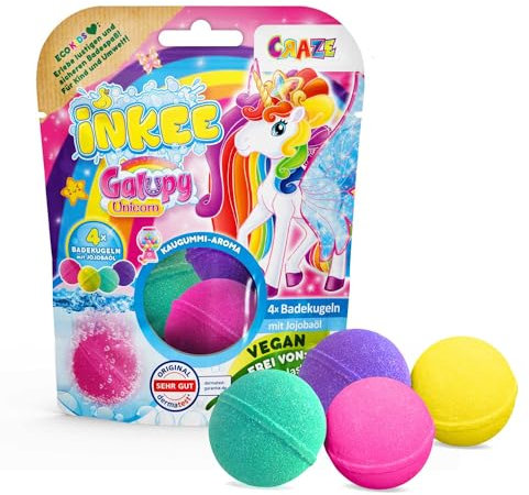 INKEE Galupy Unicorn - 4 Badebomben Kinder, Einhorn Badekugeln 4x 50g, Kaugummi-Aroma & Jojobaöl