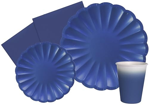 Ciao Kit Vajilla de Fiesta Flower Shape para 8 personas (44 pcs: 8 platos Ø23cm, 8 platos Ø18cm, 8 vasos 250ml, 20 servilletas 33x33cm) de papel compostable eco-friendly, azul