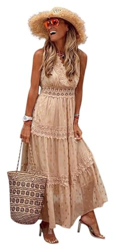 DeaAmyGline Sommerkleid Damen Lang Strandkleid Sommer Boho Kleid V-Ausschnitt mit Spitze Stickerei Punkte Maxikleid Brautkleid Hochzeit Gast Kleider Festlich Elegant Abendkleid Partykleid für Fauen