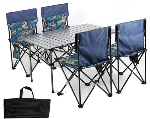 Klappbarer Campingtisch und Stuhl, Leichter Picknicktisch, Aluminium-Rolltisch, tragbare Campingstühle, Faltbarer Rasenstuhl mit Tragetasche, Blau