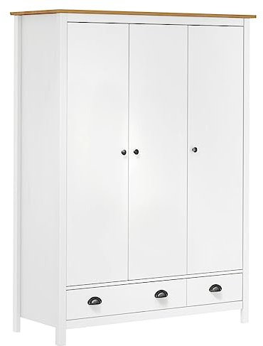 Hommdiy Kleiderschrank mit 3 Türen Hill Weiß 127x50x170 cm Kiefer Garderobenschrank Holzschrank Schrank Schlafzimmerschranknholz