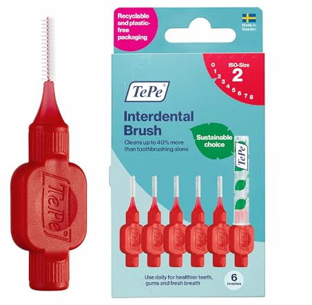 TePe Interdental Brush Original, Soft Dental Brush for Teeth Cleaning, Pack of 6, 0.5 mm, Extra-Small/Small Gaps, Red, Size 2