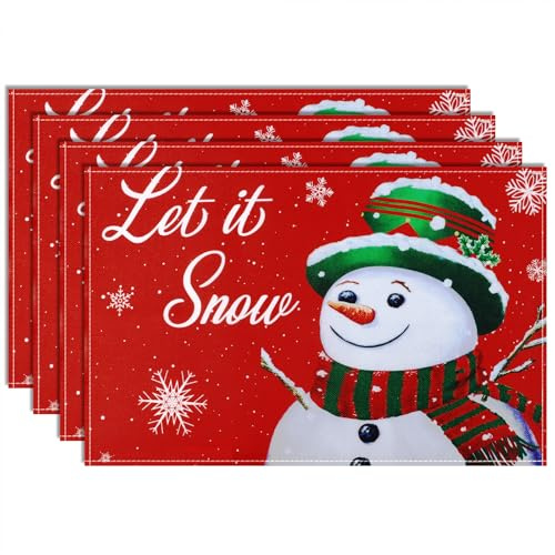 Hxezoc 4 Stück Platzdeckchen Weihnachten Platzsets Abwaschbar Leinen Schneemann Schneeflocken Rot Tischset für Küche Party Deko Weihnachten Tischdekoration 30 x 45cm