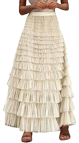 Damen Hohe Taille Lange Tüllröcke für Party Damen A Linie Faltenrock Lang Tutu Rock Rüschen Mesh Vintage Wadenlang Chiffon Hohe Taille Bubble Rock Damen Winter Reißverschluss Isolierte Röcke, beige,
