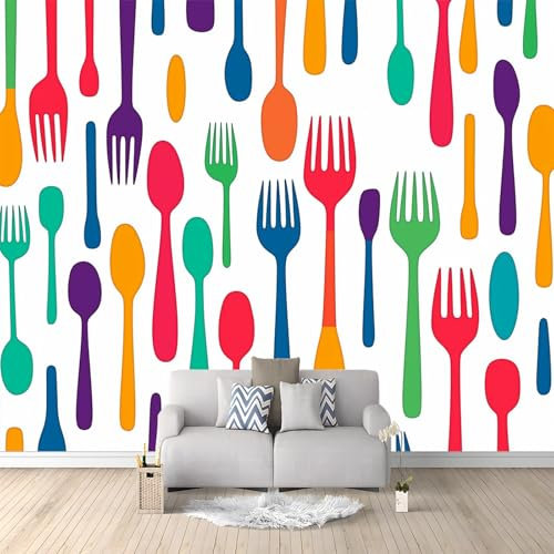 Papier Peint Mural Chambre Papier Découpé Cuillère Colorée Fourchette 300 x 210 cm Poster Geant Mural 3D Tableaux Muraux Tapisserie Photo, Salon Chambre d'enfants Mur de Fond Papier Peint Panoramique