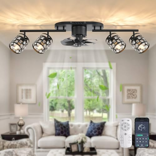 Ganeed Ventilateurs de Plafond avec Luminaire et Télécommande Fandelier Montage Flush Cadre en Cristal K9 Ventilateurs de Plafond pour Chambre Salle à Manger Salon Cuisine Île Noir 4 Lumières