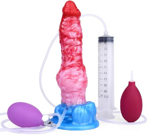 23,5cm Godemichet Éjaculant Gonflable, Gode Anal Épais avec Ventouse Puissante, Jouet Sexuel Anal Unisexe (Godemichet + Seringue + Coussin d’Injection + Ballon Gonflable)