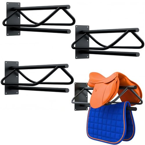 Noliven 4 Pack Wall Mounted Saddle Racks with Pad Bar,Heavy Duty Black Saddle Rack, Sturdy Saddle Rack for British Western Saddles, Blankets and Racks