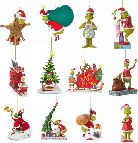 Weihnachtsdekorationen,12 PCS Grin-ch Weihnachtsschmuck Anhänger Hängende Ornament, 2D Acryl Anhänger Weihnachtsbaum Dekorationen, Grünhaariges Monster Xmas Decor für Zuhause, Partys (Buntes)
