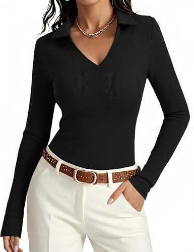 Aottori Maglietta Manica Lunga Donna Maglia Scollo a V Aderente Sexy Poloshirt Cotone Costine Basic Top Slim Fit Casual Ufficio Nero XXL