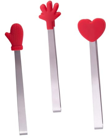 Warmhm Kleiner Esszangen Tragbare Brotzangen 3 Stück aus Edelstahl und Silikon Praktische Küchenclips in Rot für Kinder Geeignet für Buffet und Hochzeiten