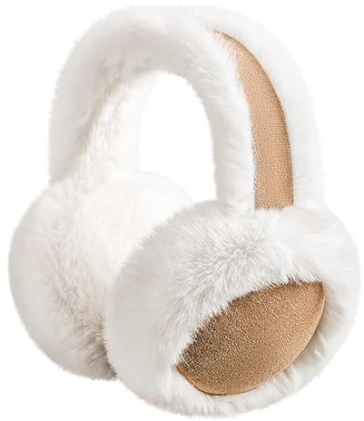 BelleFlair White Ladies Ear Muffs for Winter, Cute Faux Fur Ear Warmers Women, Foldable Fuzzy Fluffy Earmuffs, Warm Outdoor Headband Accessory for Cold Weather.