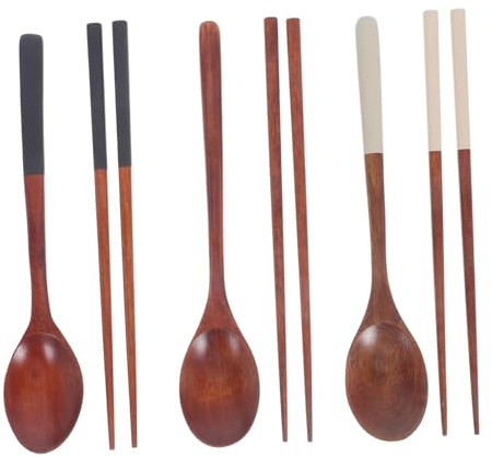 Cabilock 3 Juegos Cuchara Portátil y Palillos Cuchara Sopera Platería Coreana Vajilla De Viaje Alimentos Para Servir Palillos Utensilios Portátiles Para Comer De Madera